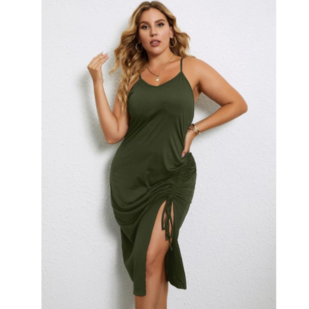 Plus Drawstring Front Split Thigh Cami Dress Army… - image 7